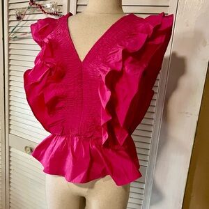 Bright Pink Ruffle V-Neck Peplum Top